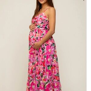 Fuchsia floral twist front lace up back maxi maternity dress